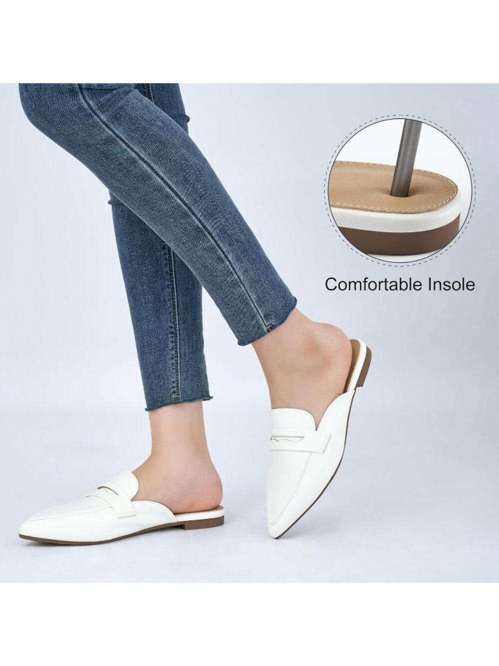 Women's Mules White Slingback Flats Pointed Toe Backless Casual Loafers Shoes - Picture 6 of 6